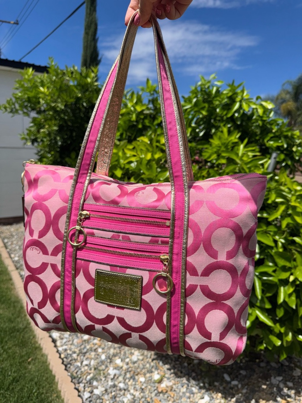 Y2K Coach Poppy Op Art Pink Signature Jacquard Tote Shoulder Bag Purse #13826 - Picture 8 of 17
